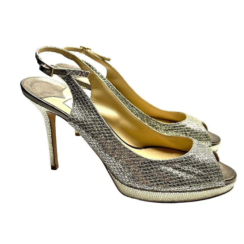 Jimmy Choo Womens Nova Gold Glitter Slingback Heels Peep Toe Size 40 / US 9
